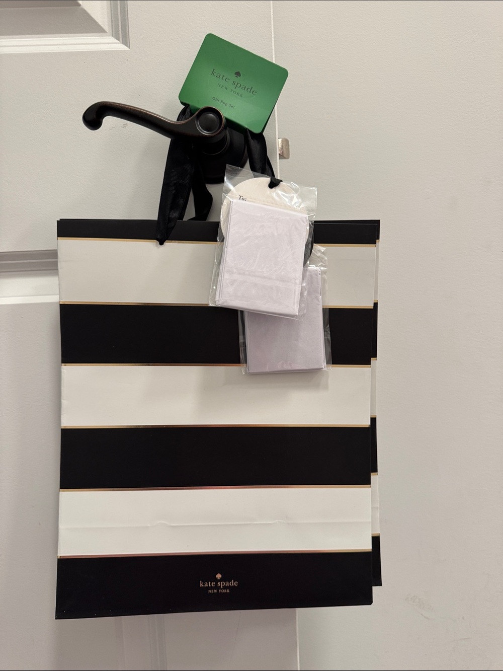 kate spade Black White Striped Gift Bag set of 2 tissue paper NWT